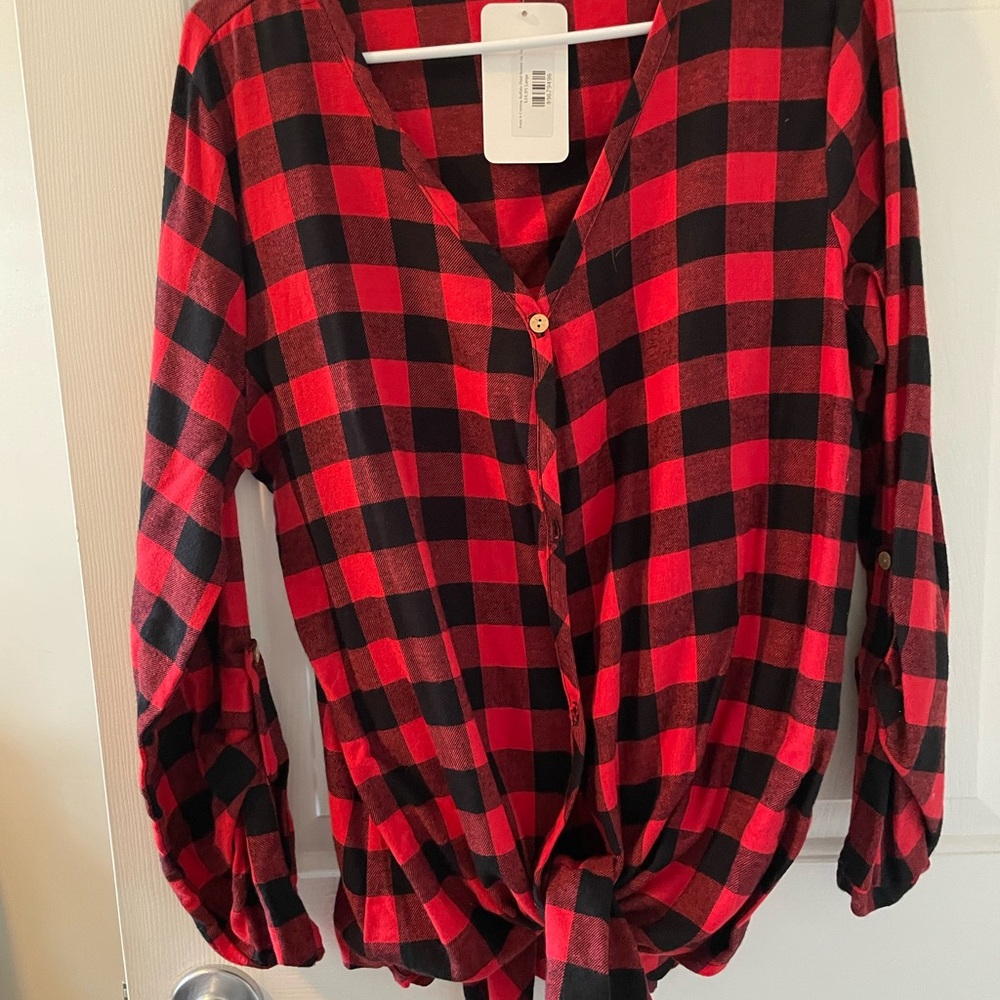 Pulse Red and Black Buttoned Tie Front Blouse